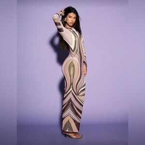 Long Sleeve Geometric Print Maxi Dress - Pink & Brown